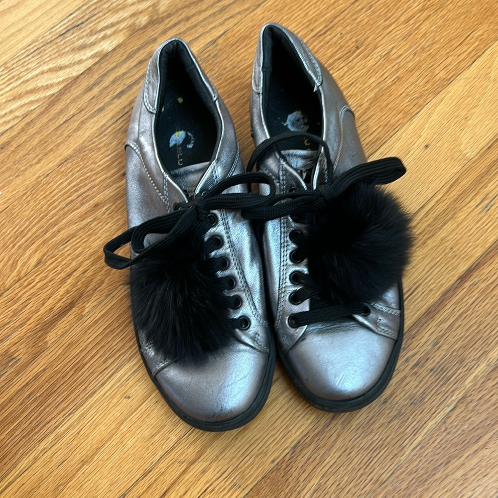 Funky European brand silver sneakers with real fur pom-poms